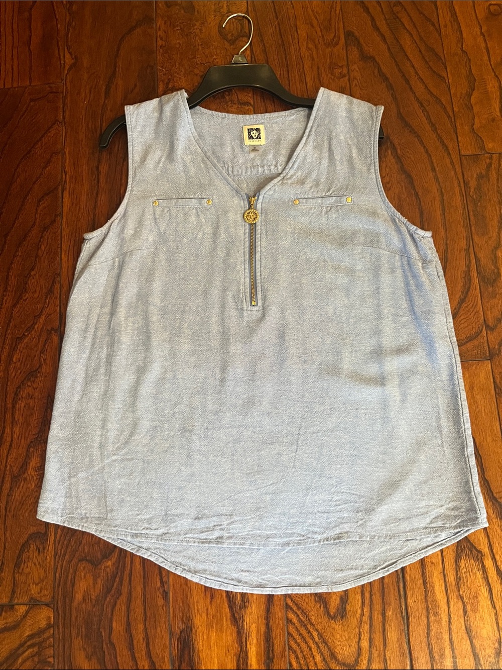 Anne Klein Linen Blend Pale Blue Sleeveless Zip-Front Tank
